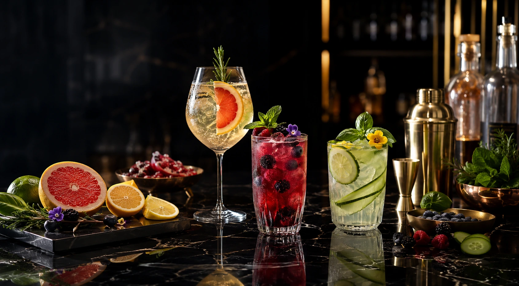Mocktail rouge ambré avec herbes fraîches, glace et dressage premium.