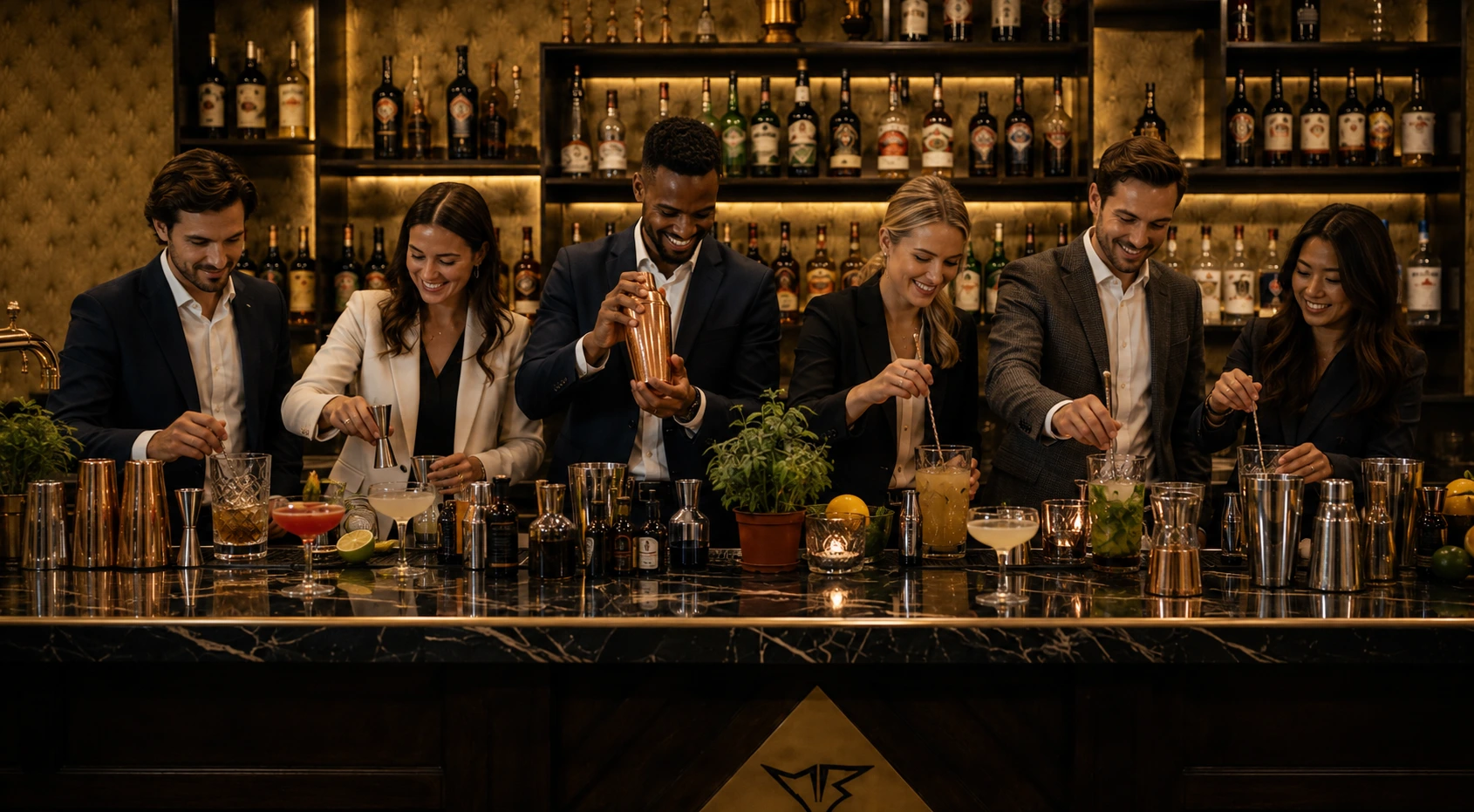 Équipe guidée pendant un atelier de création cocktail.